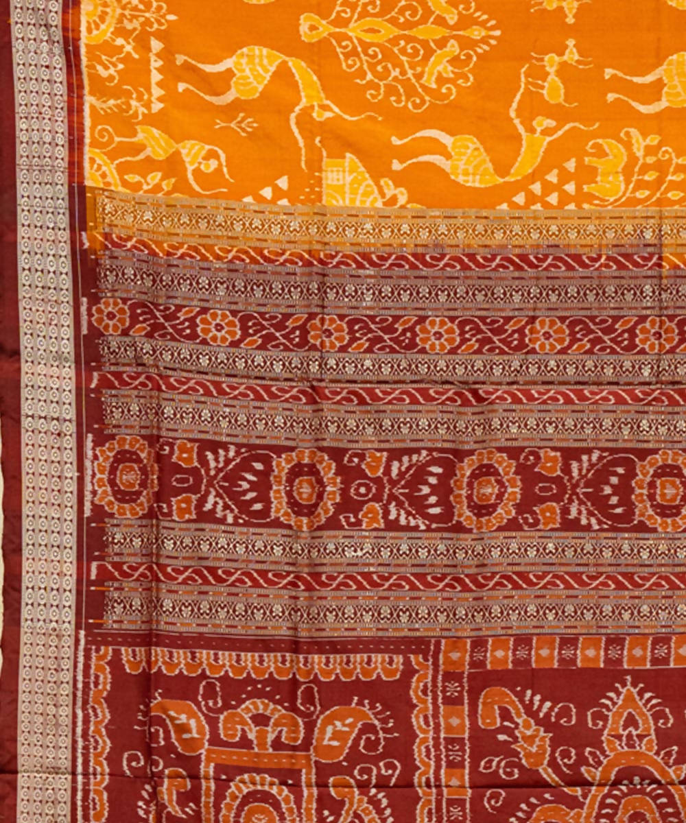 Amber yellow maroon ikat silk handloom sambalpuri saree