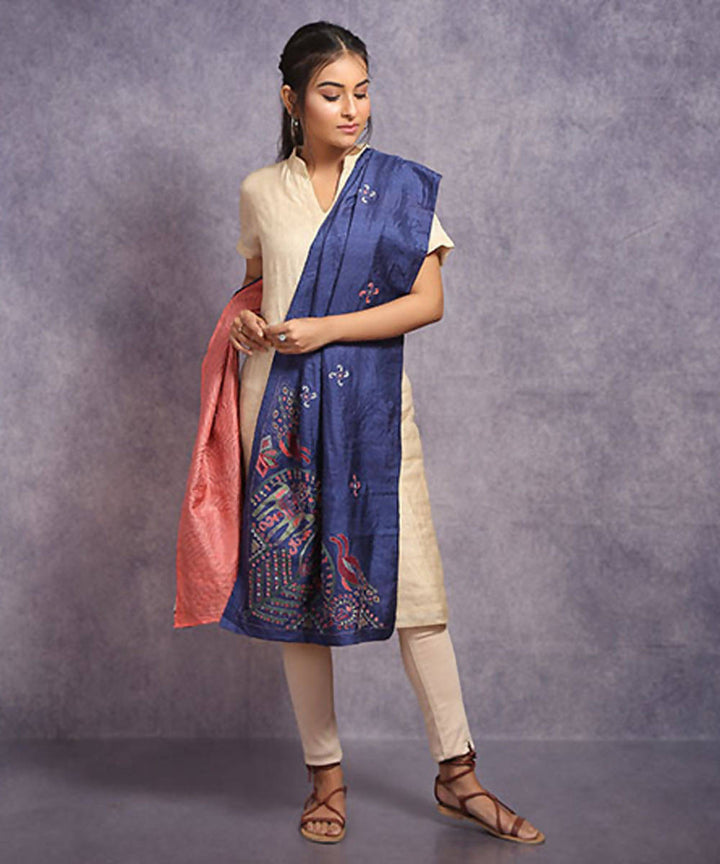 Navy blue peach hand embroidery reversible silk stole