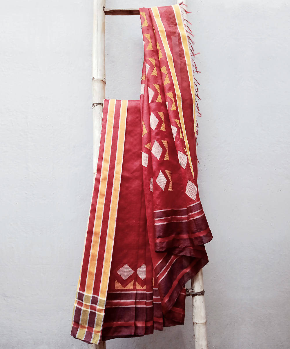 Maroon white handwoven extra weft cotton silk saree