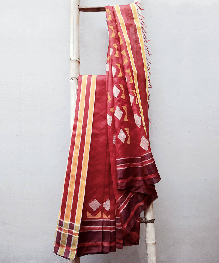 Maroon white handwoven extra weft cotton silk saree