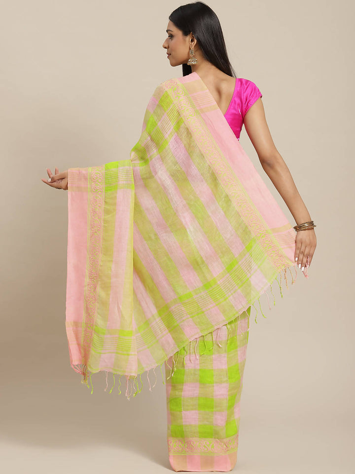 Biswa bangla pink and green handwoven linen saree