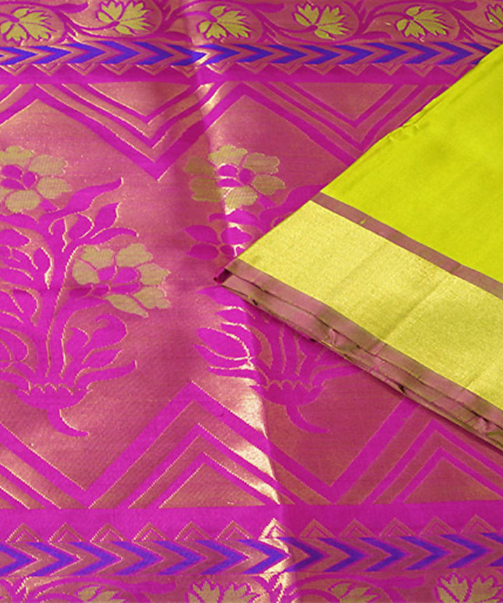 Lime Green Purple Handloom Soft Silk Saree