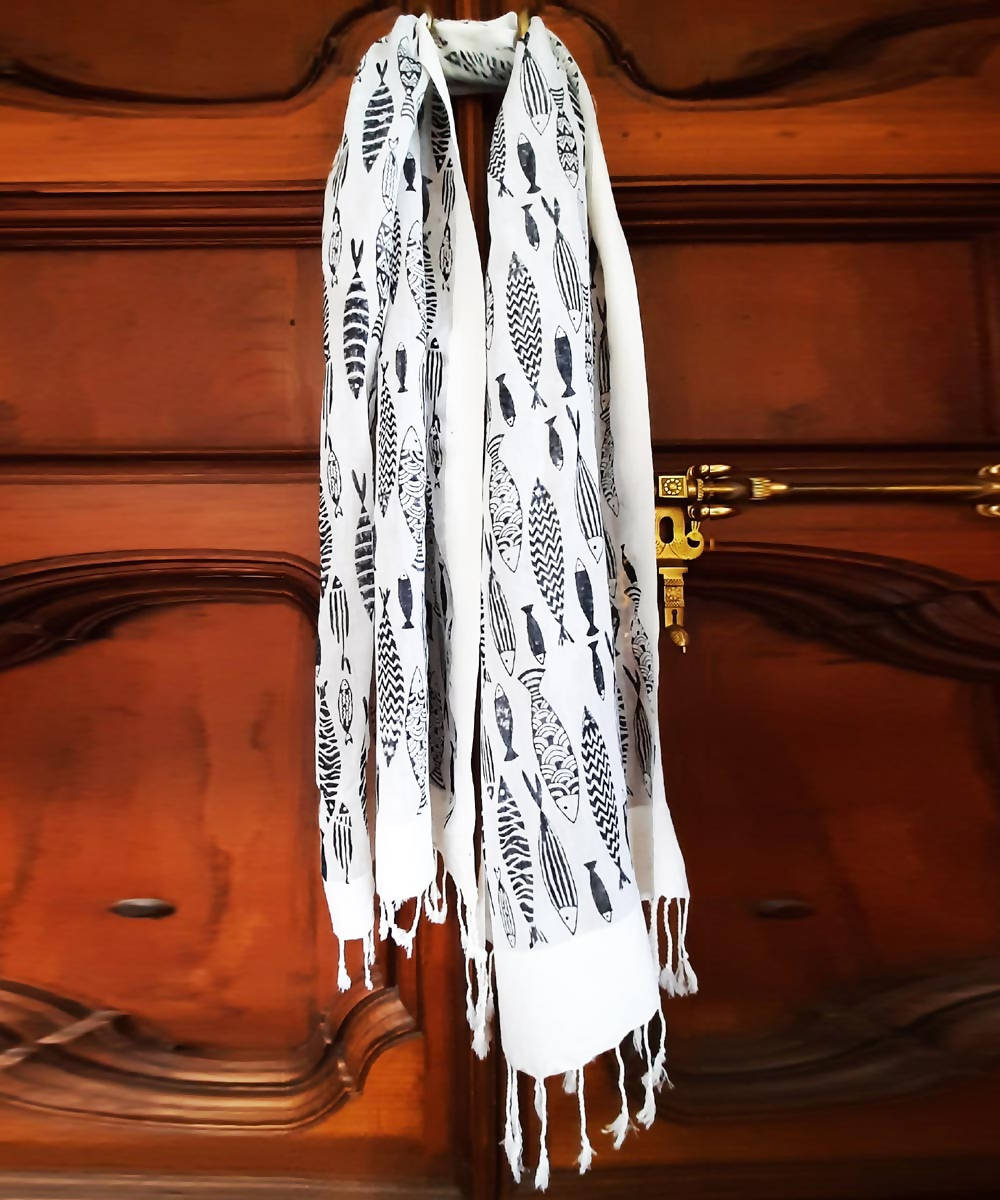 Offwhite fish motif handblock printed sico stole