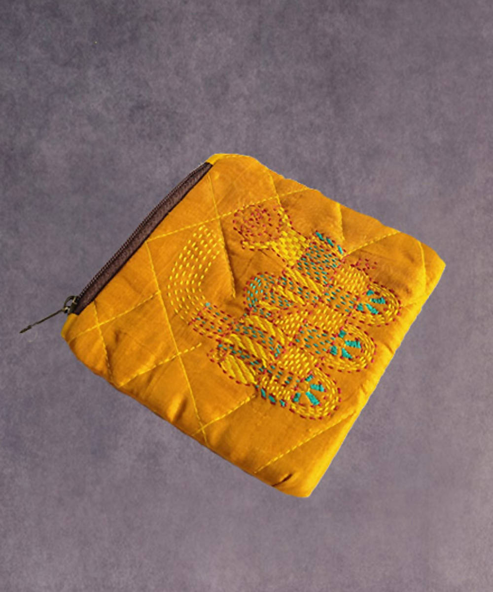 Mustard yellow hand made kantha stitch silk coin purse