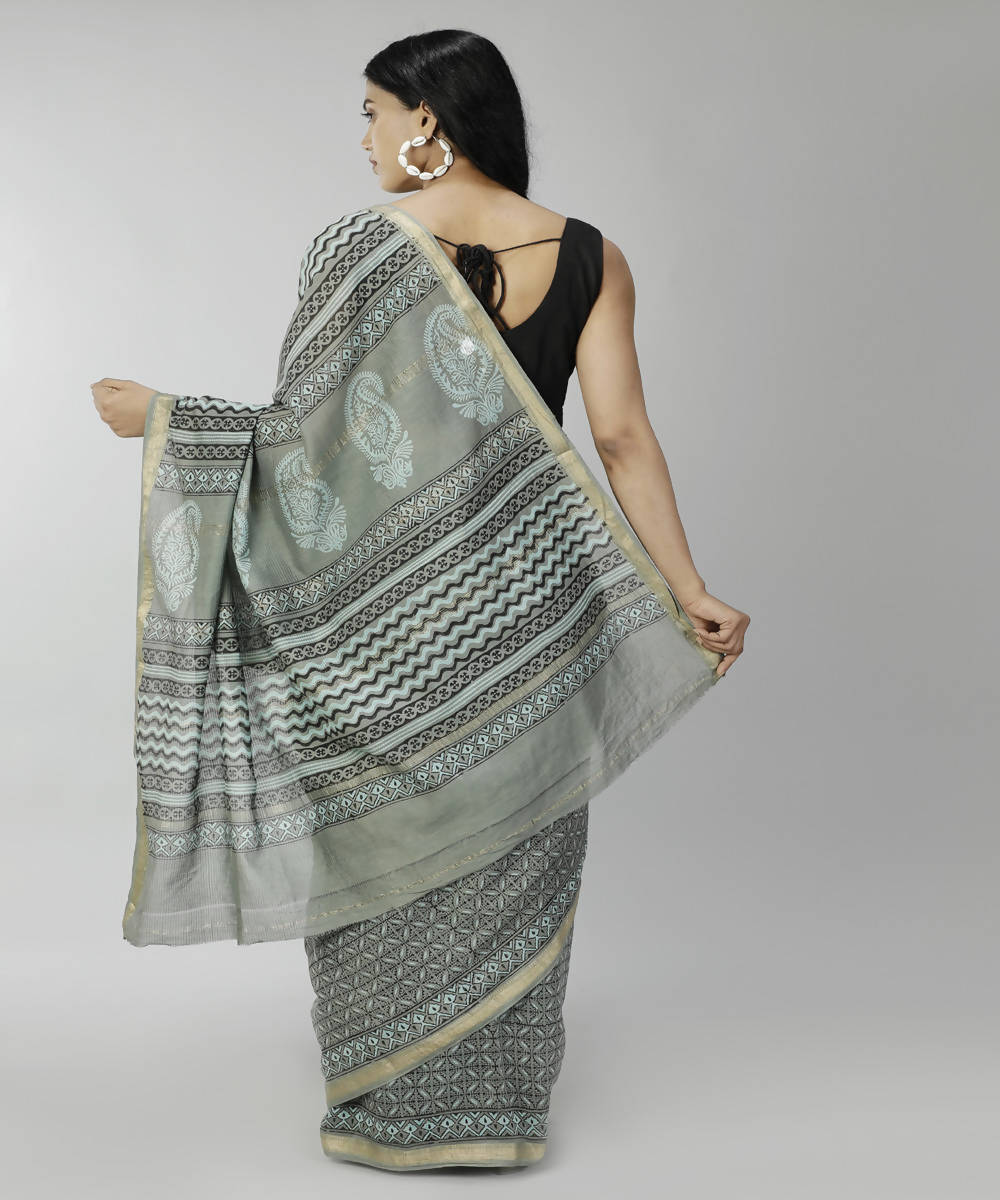 Dark grey bagru handblock printed cotton silk saree