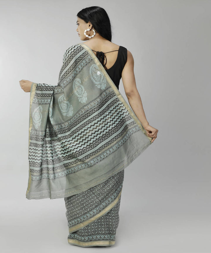 Dark grey bagru handblock printed cotton silk saree