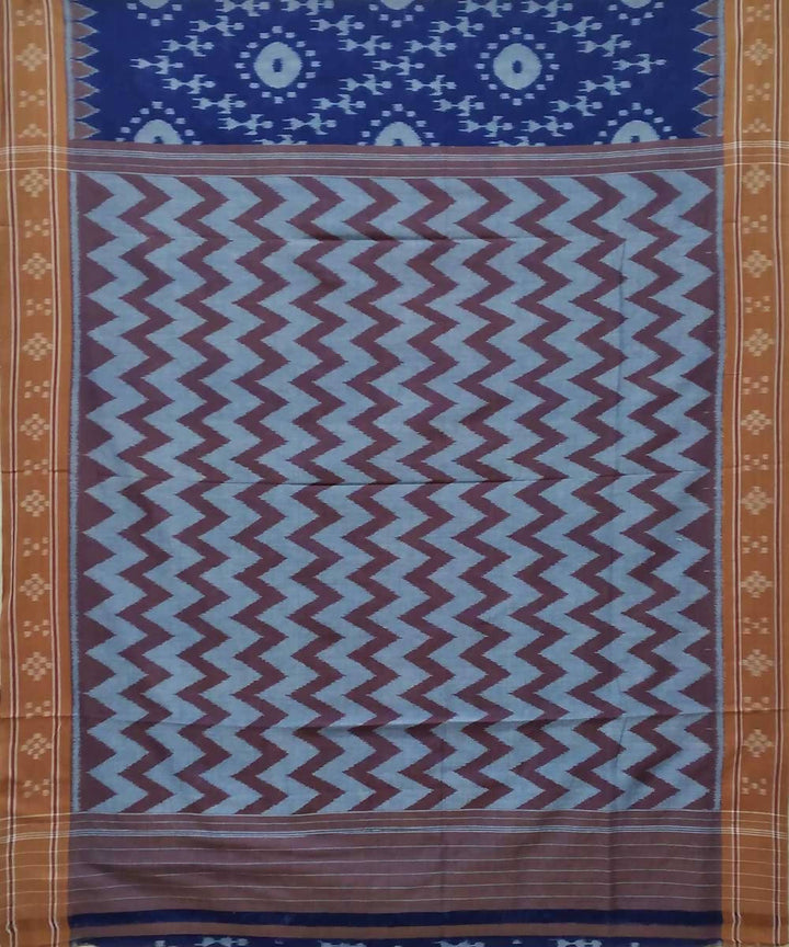 Air force blue brown handwoven nuapatana ikat cotton saree