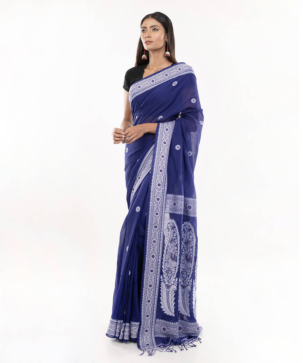 Dark navy handloom tangail bengal cotton saree