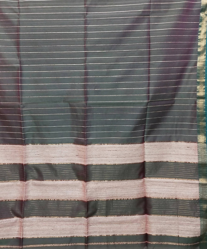 Grey green striped handloom cotton silk maheshwari saree