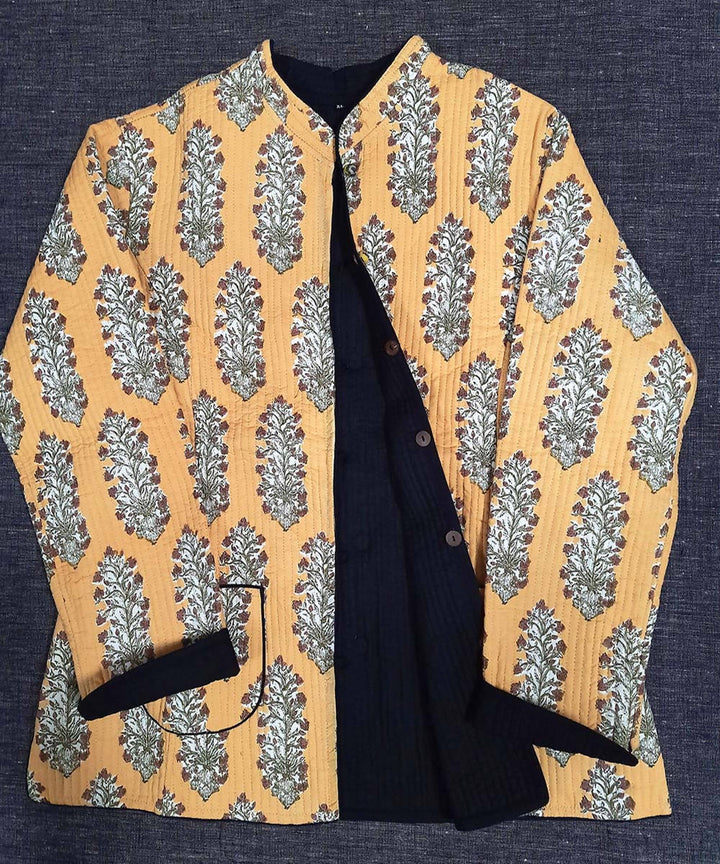Black and orange block printed reversible jacket with cotton quilting