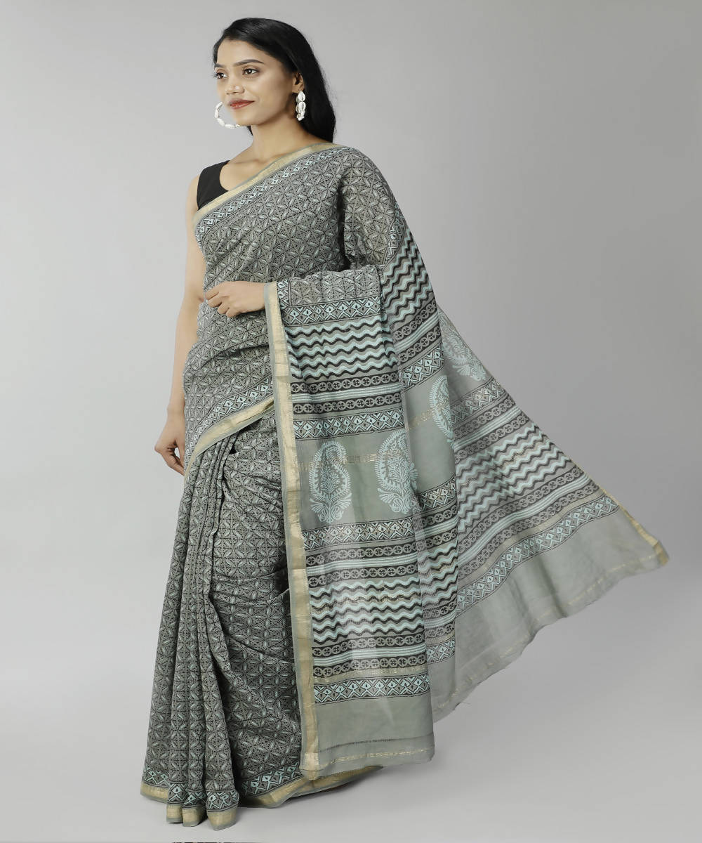 Dark grey bagru handblock printed cotton silk saree
