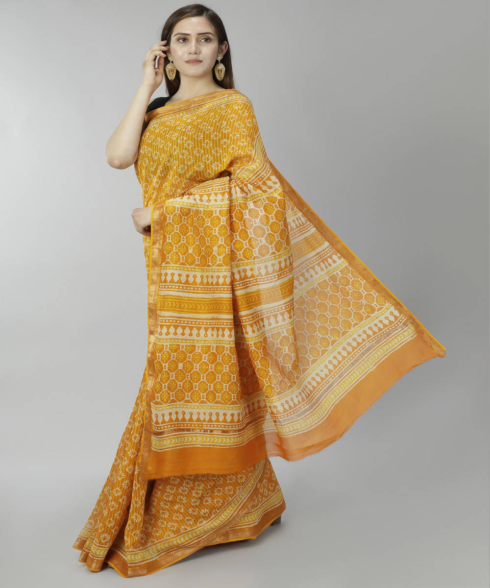 Golden yellow bagru handblock printed cotton silk saree