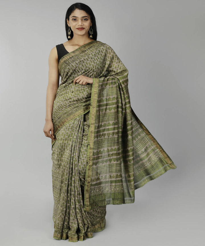 Dark olive green bagru handblock printed cotton silk saree