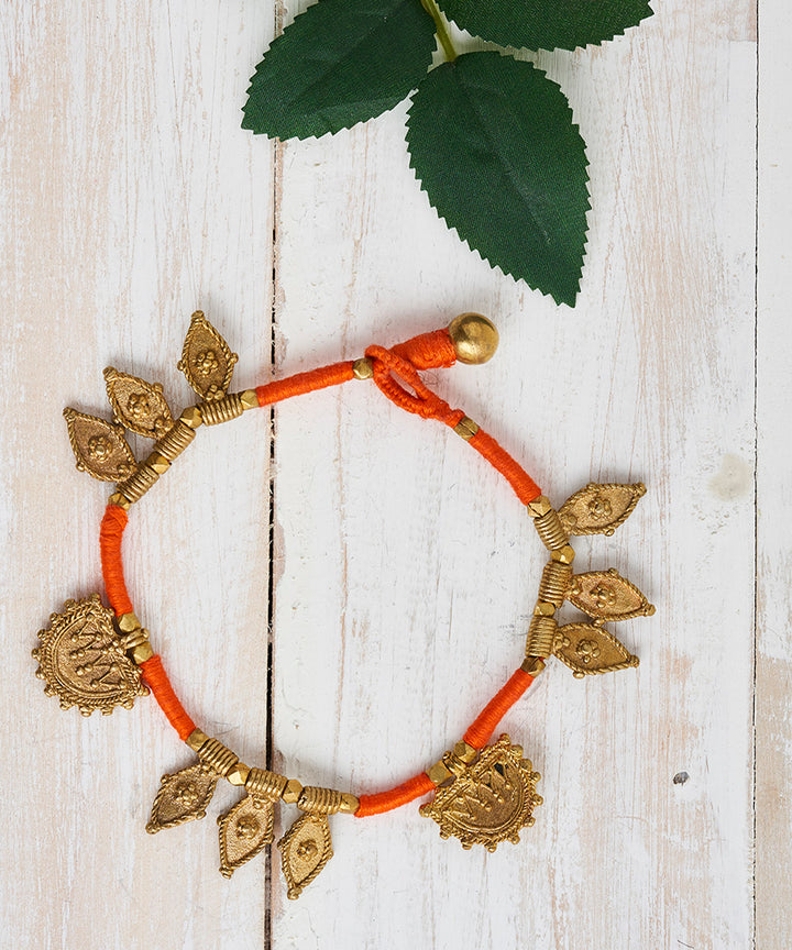 Handcrafted brass dhokra orange thread anklet
