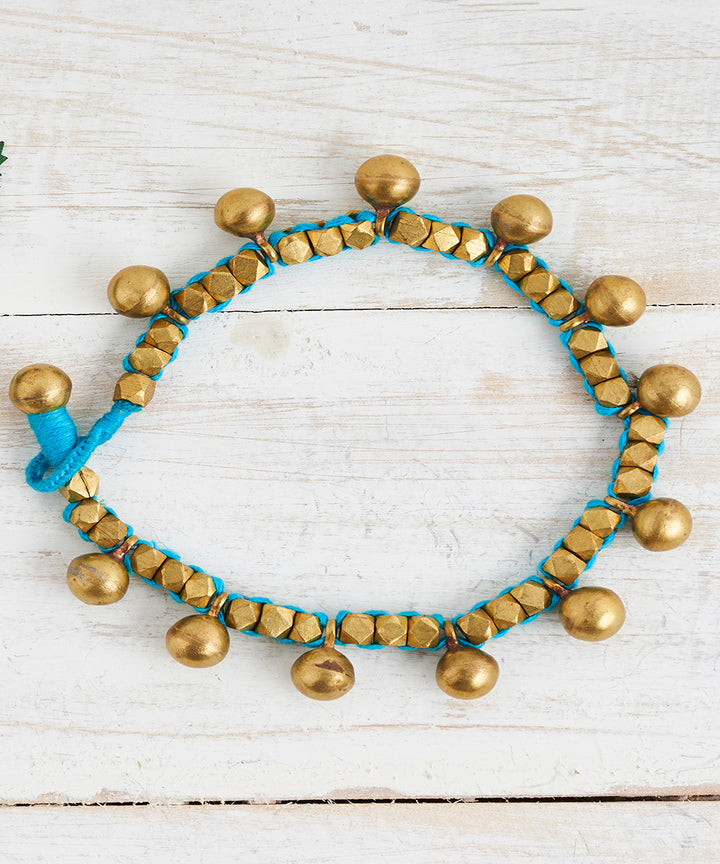 Handcrafted brass dhokra bead sky blue thread anklet