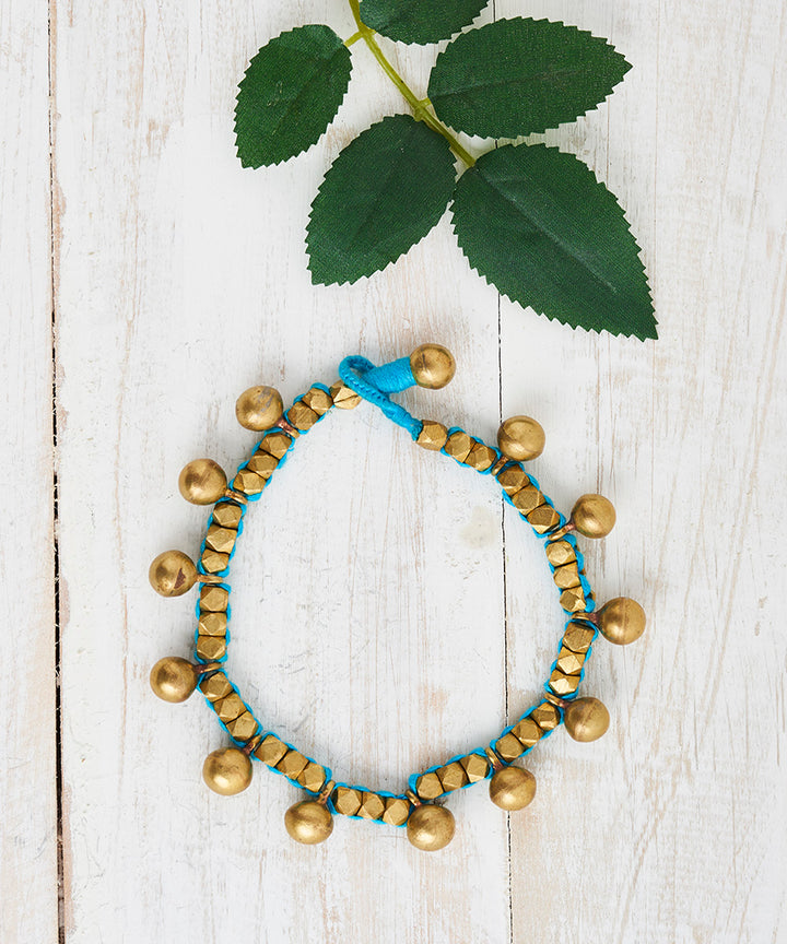 Handcrafted brass dhokra bead sky blue thread anklet