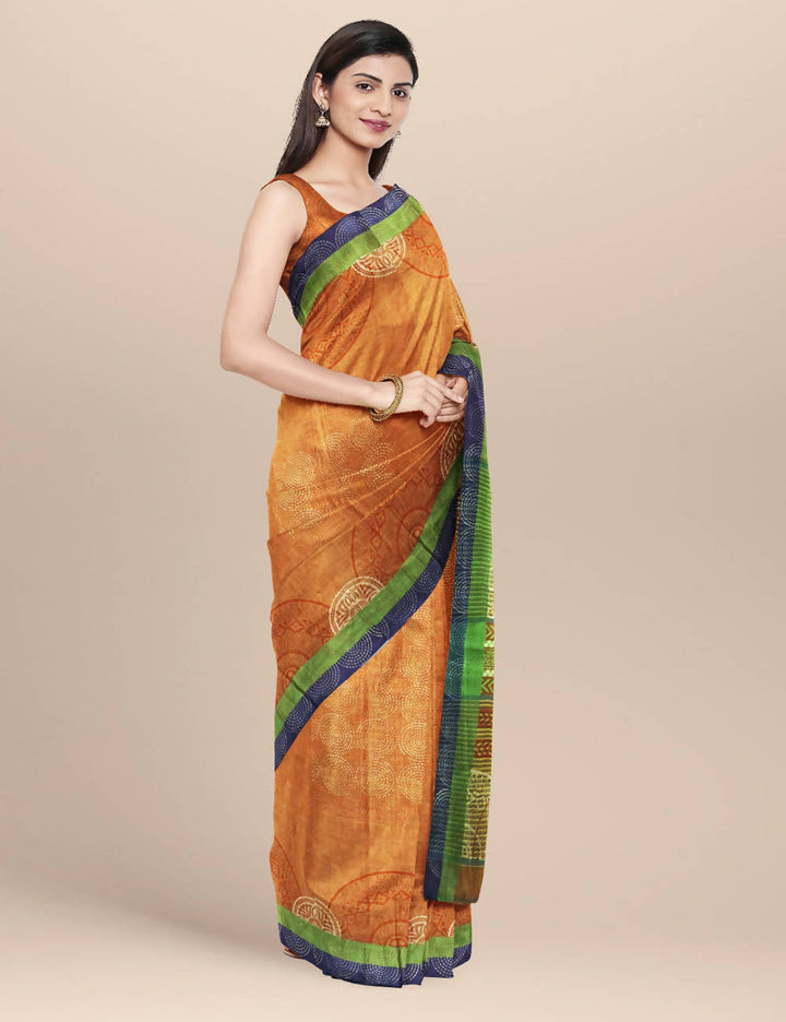 Orange Cotton Handwoven and Hand Block Printed Saree