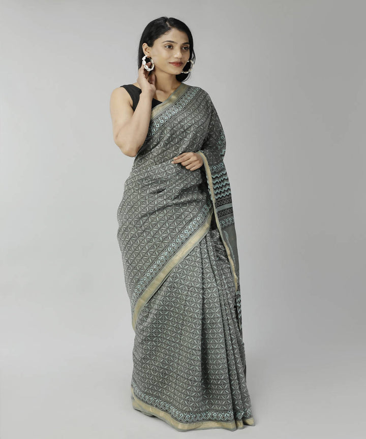 Dark grey bagru handblock printed cotton silk saree