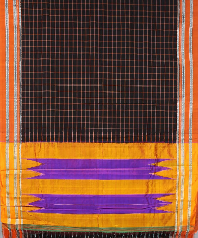 black orange checks handwoven gomi dadi border ilkal saree