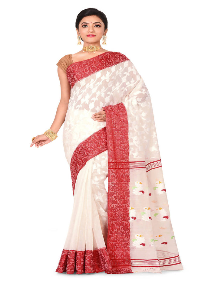 White and red Bengal Handloom cotton blend saree